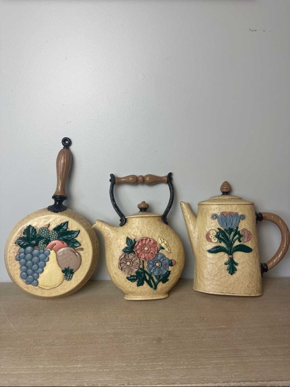 MCM Floral Yellow Wall Plaque Set with Blue, Pink and Green Accents